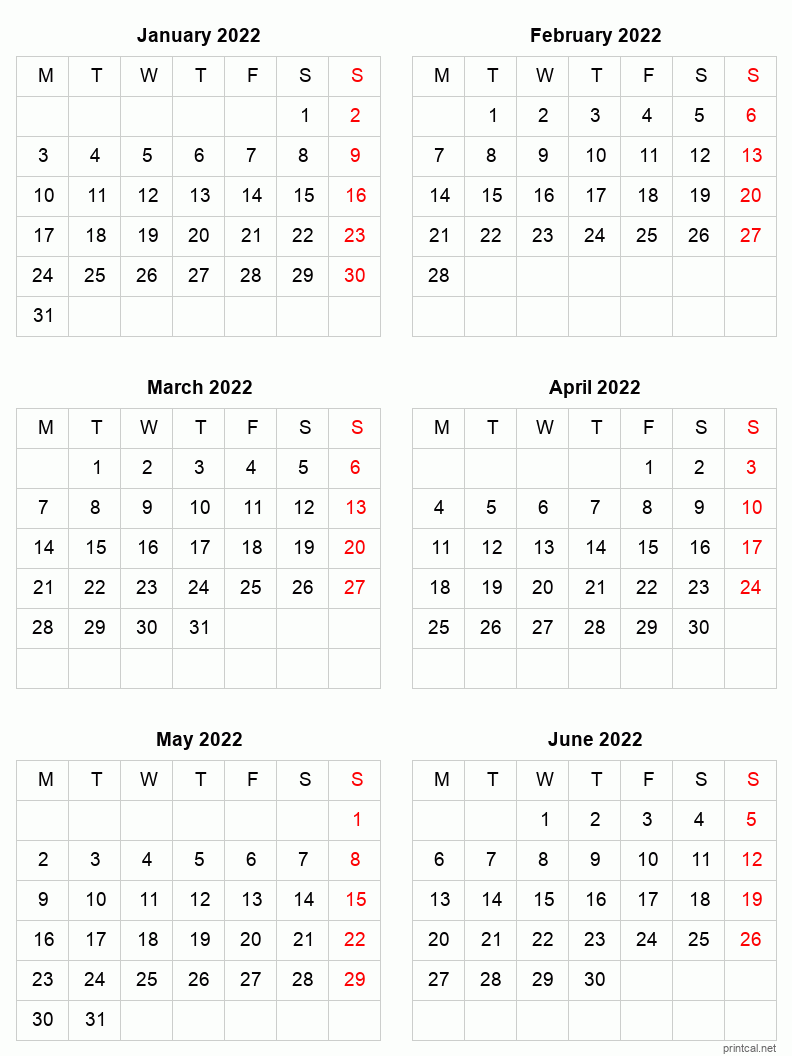 January To June 2022 Printable Calendar Six Months Per Page Printable 