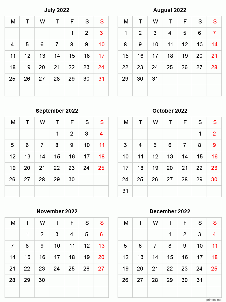 6 month calendar July to December 2022