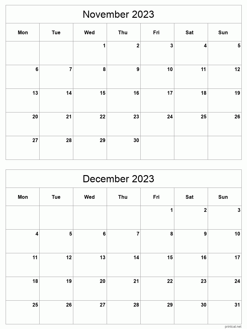 2 month calendar November to December 2023