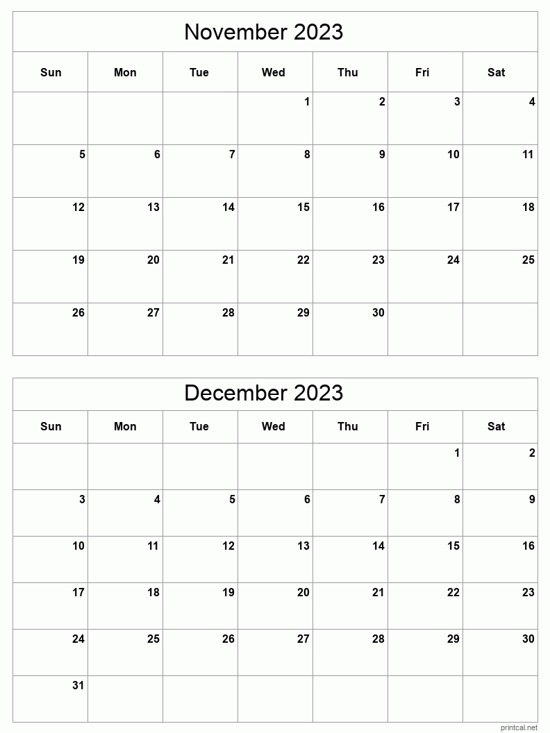 November To December 2023 Printable Calendar Two Months Per Page 