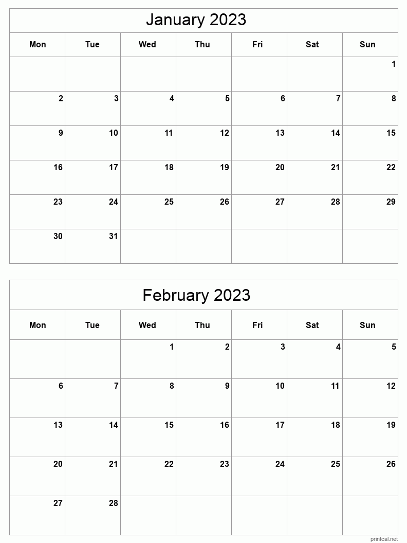 2 month calendar January to February 2023
