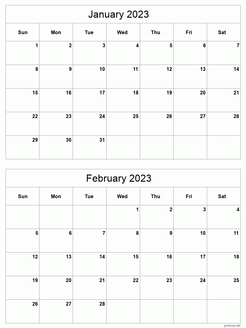2 month calendar January to February 2023