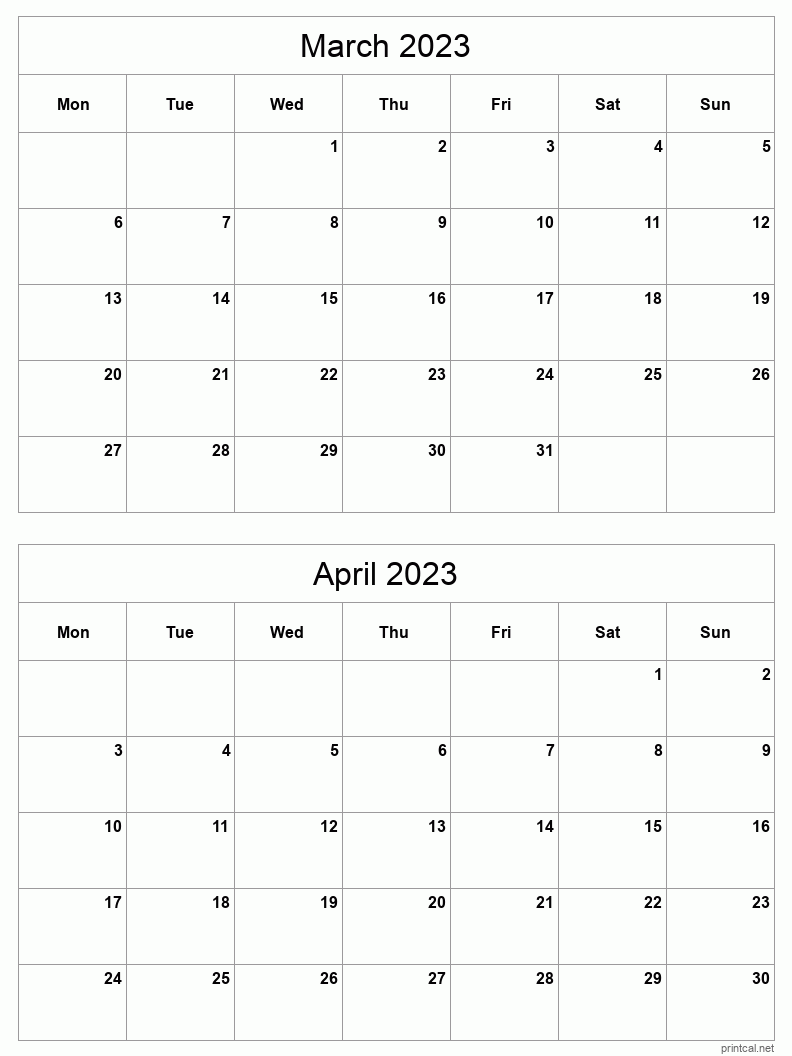 2 month calendar March to April 2023