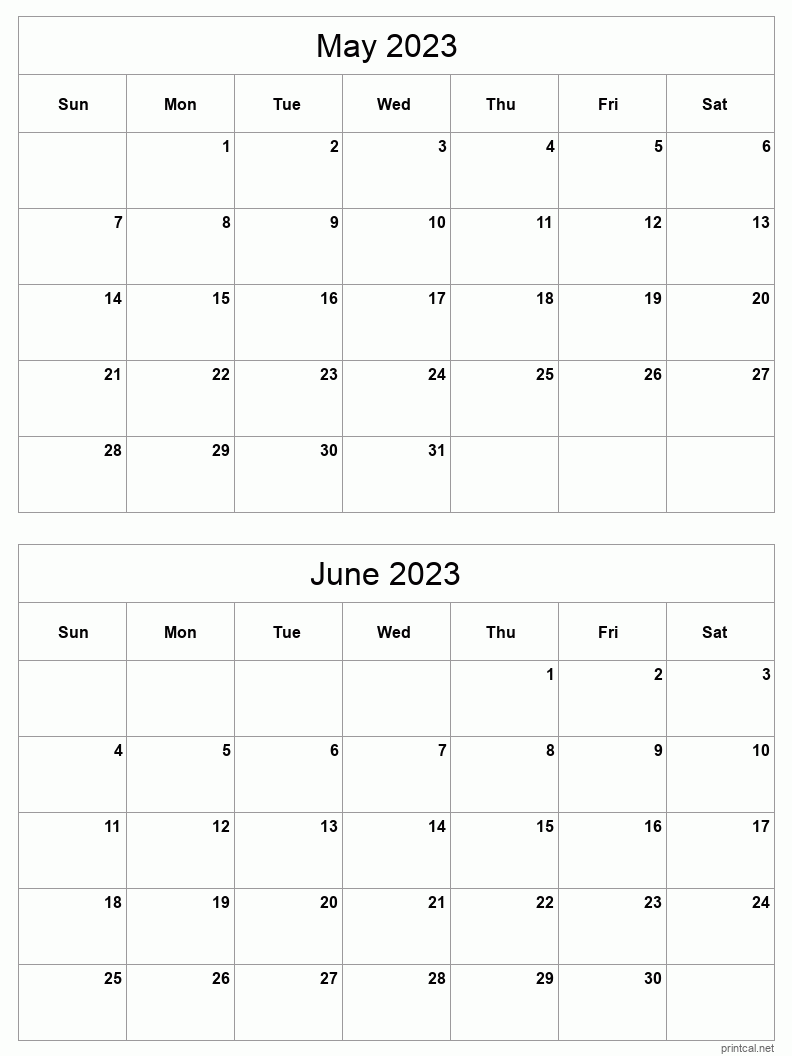 2 month calendar May to June 2023