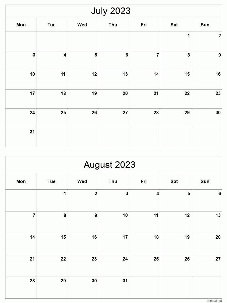 2 month calendar July to August 2023