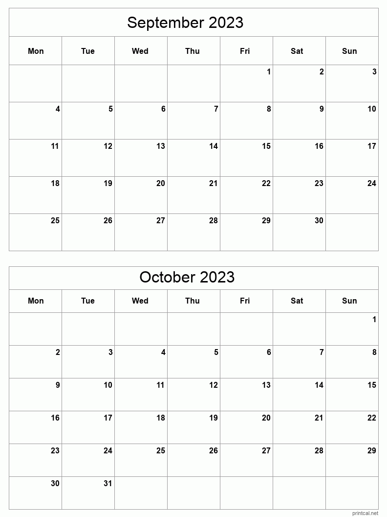 2 month calendar September to October 2023