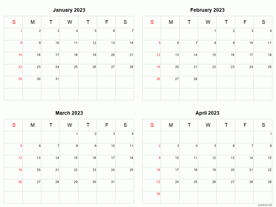 4 month calendar January to April 2023