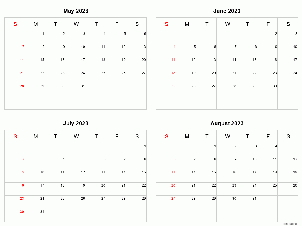 4 month calendar May to August 2023
