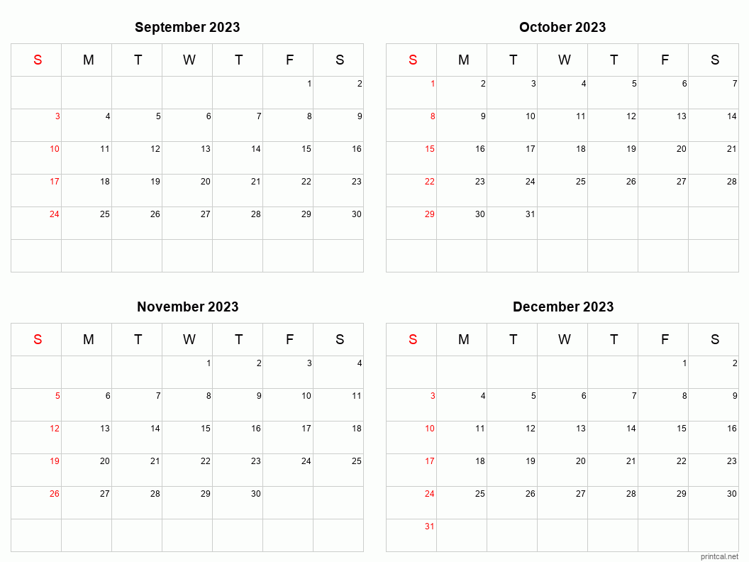 September To December 2023 Printable Calendar Four Months Per Page 