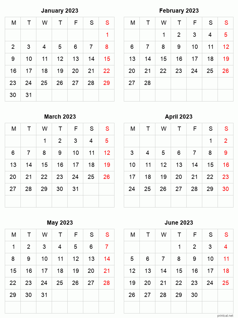6 month calendar January to June 2023