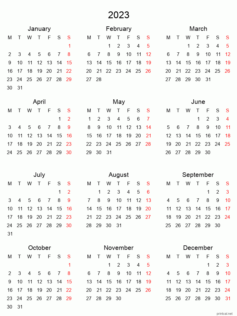 Printable 2023 Yearly Calendar