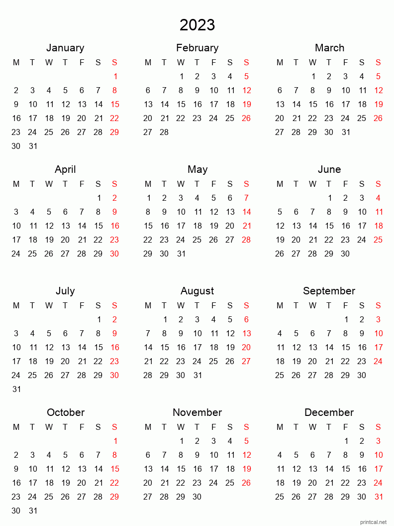 2023 Printable Calendar Yearly Calendar Tabular Style 