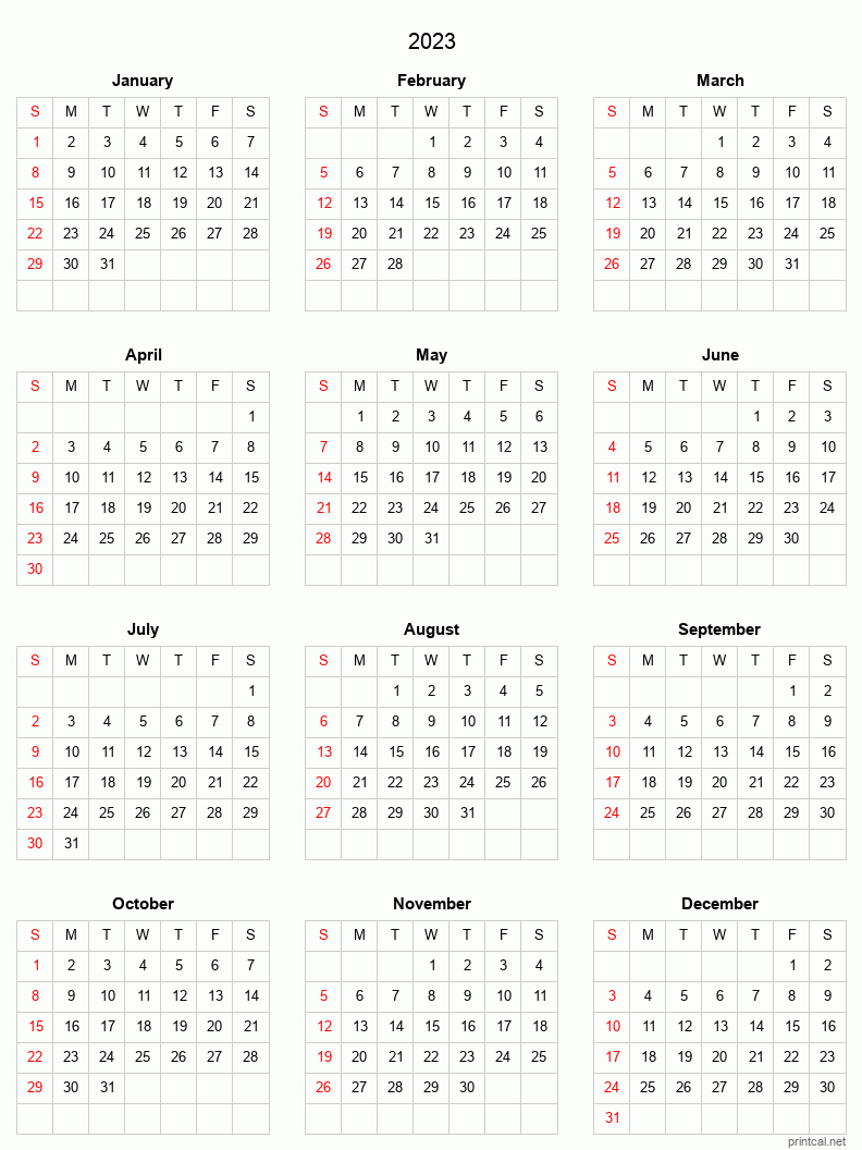 2023 Printable Calendar - Full-Year Calendar (Grid style)