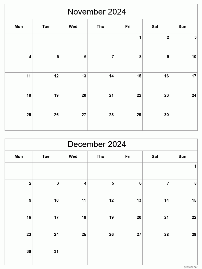 2 month calendar November to December 2024