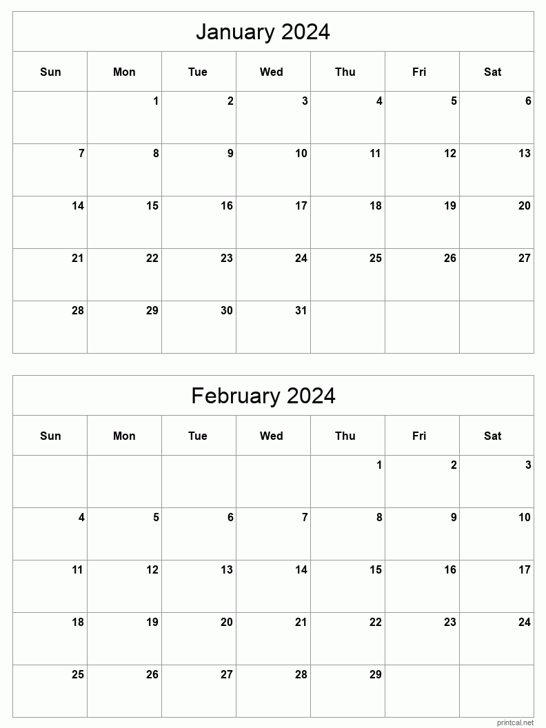 2 month calendar January to February 2024