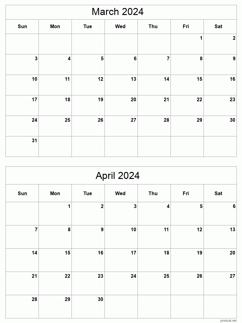 2 month calendar March to April 2024