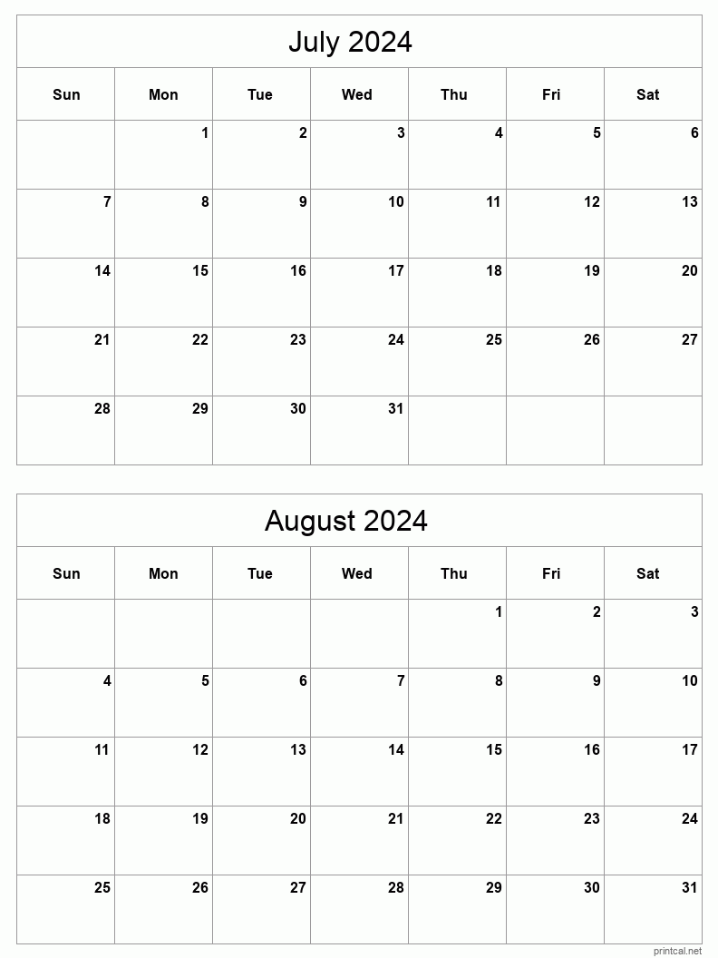 2 month calendar July to August 2024