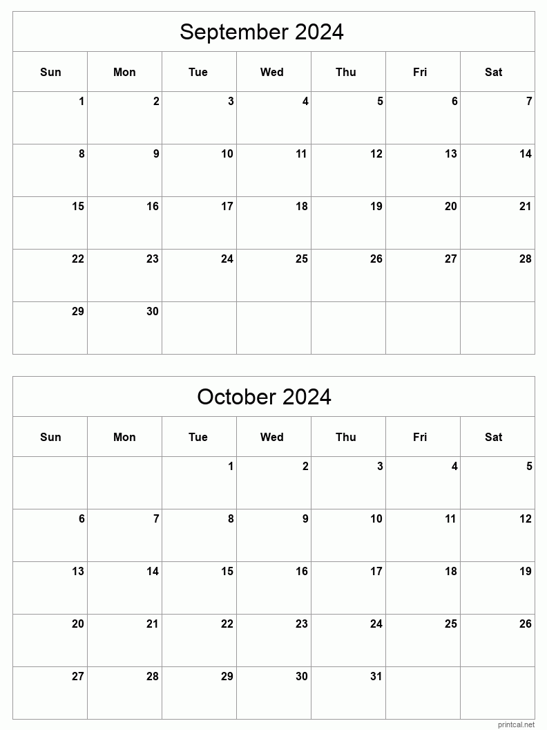 September To October 2024 Printable Calendar Two Months Per Page Printable Calendar
