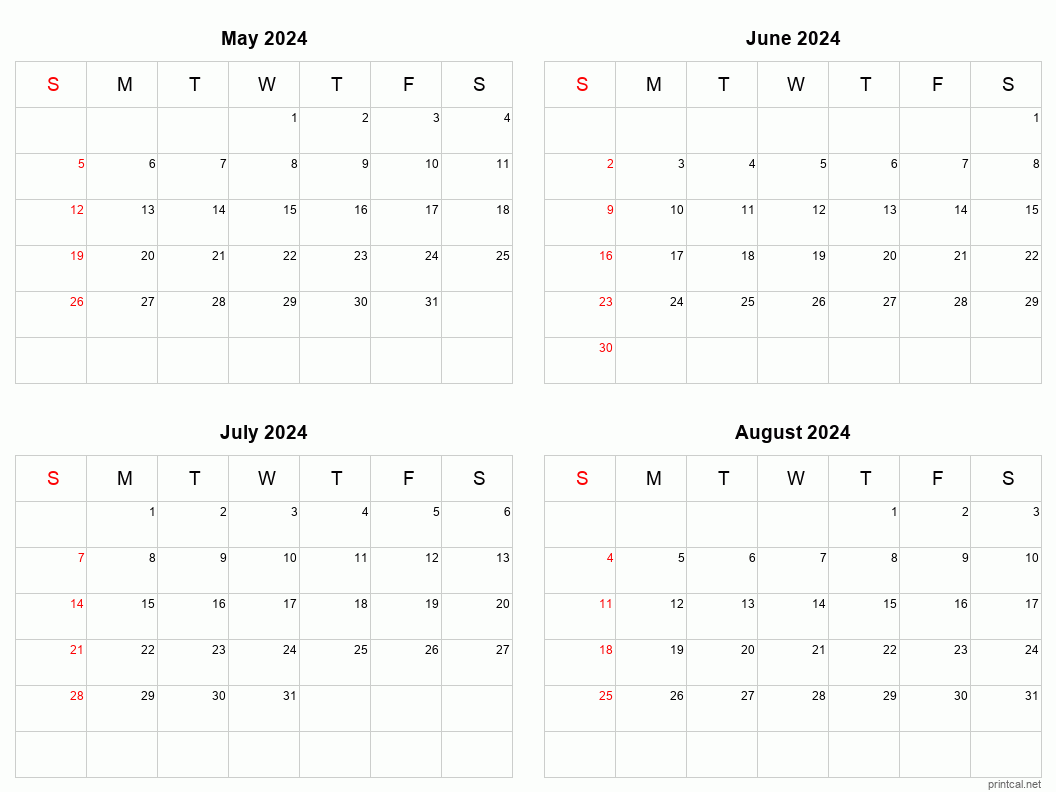 4 month calendar May to August 2024