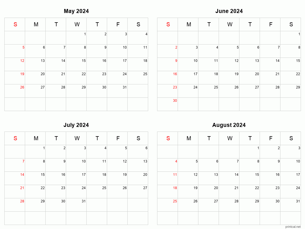 May to August 2024 Printable Calendar | Four Months Per Page Printable