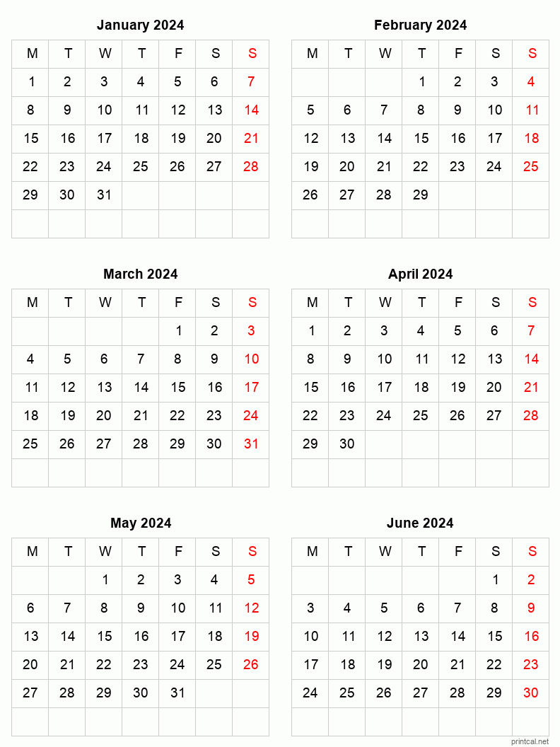 6 month calendar January to June 2024