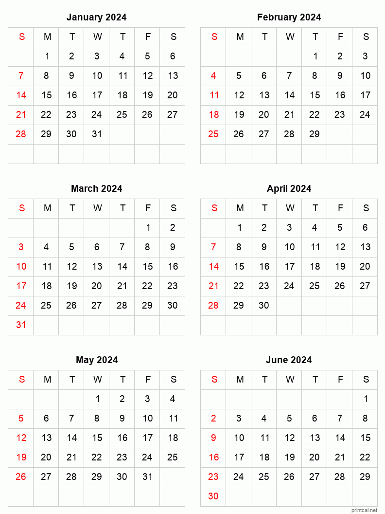 6 month calendar January to June 2024