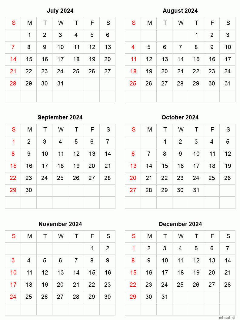 6 month calendar July to December 2024