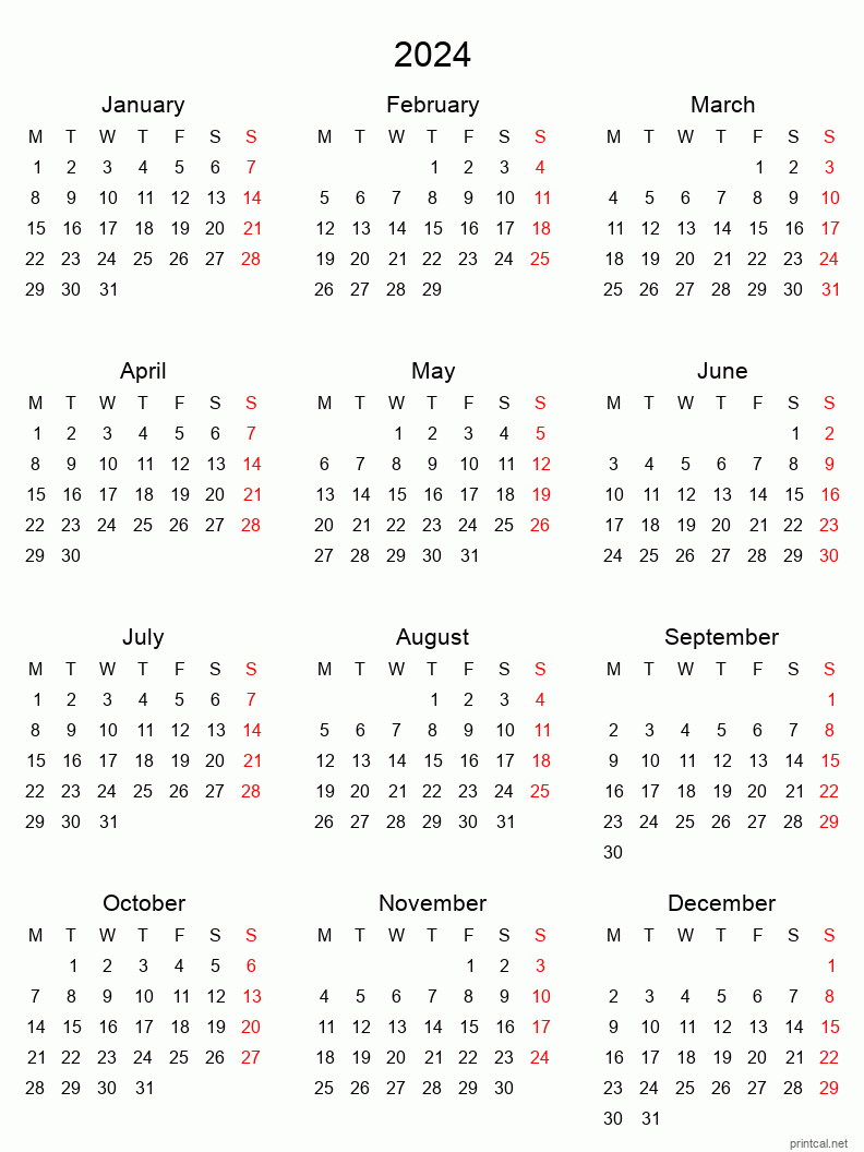2024 Printable Calendar Yearly Calendar Tabular style 