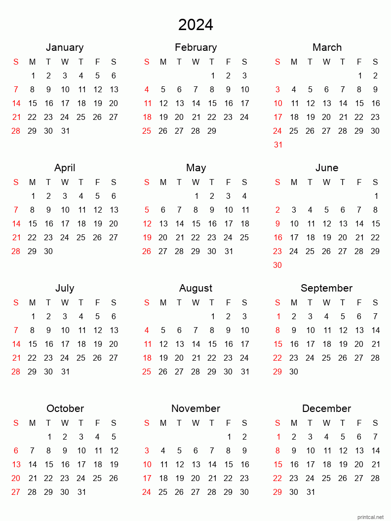 2024 Yearly Calendar Printable One Page