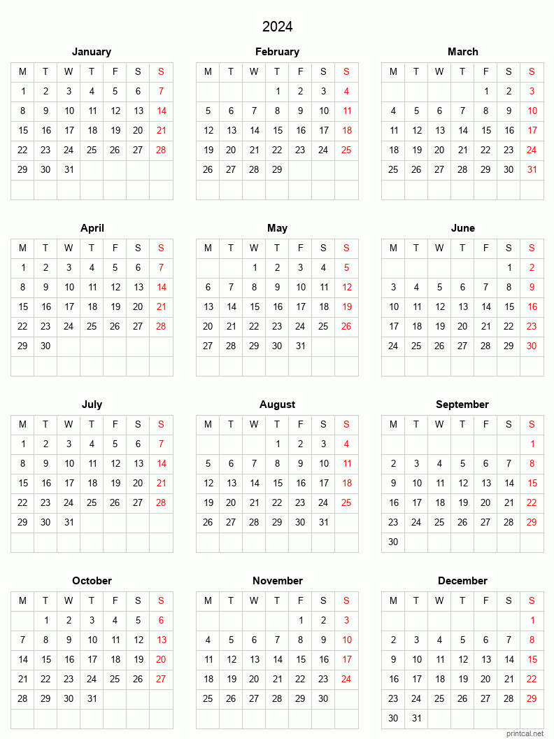 2024 printable calendar full year calendar grid style