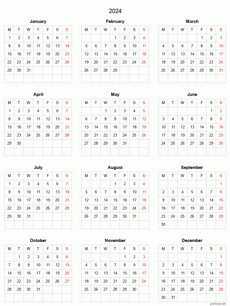 2024 Printable Calendar - Full-Year Calendar (Grid style)