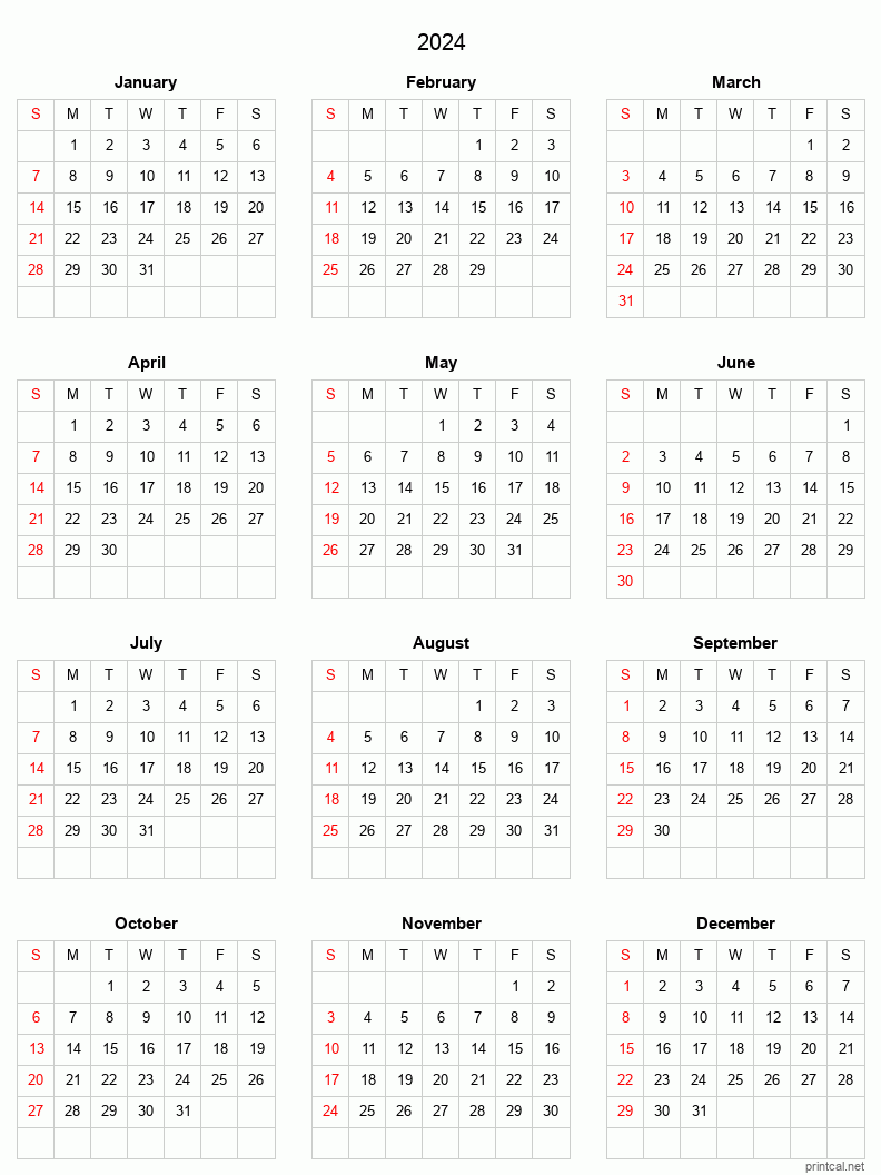 Printable 2024 Full-Year Calendar
