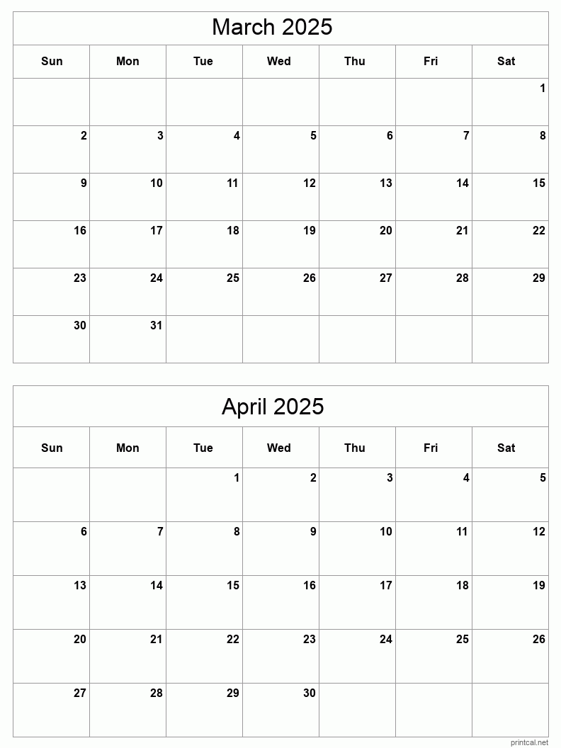 2 month calendar March to April 2025
