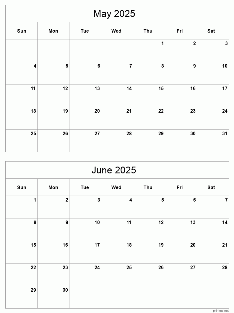 2 month calendar May to June 2025