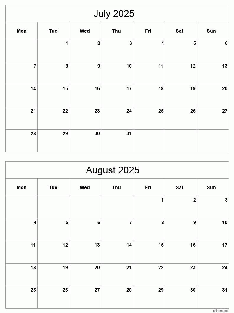 2 month calendar July to August 2025