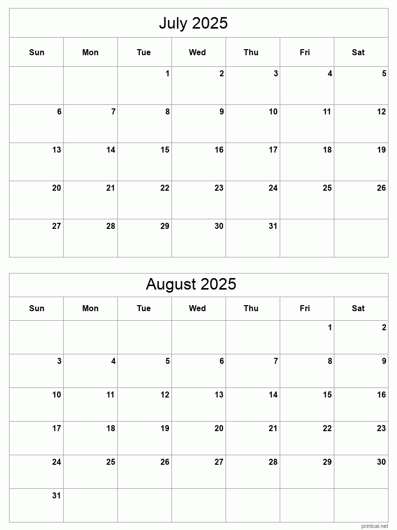 2 month calendar July to August 2025