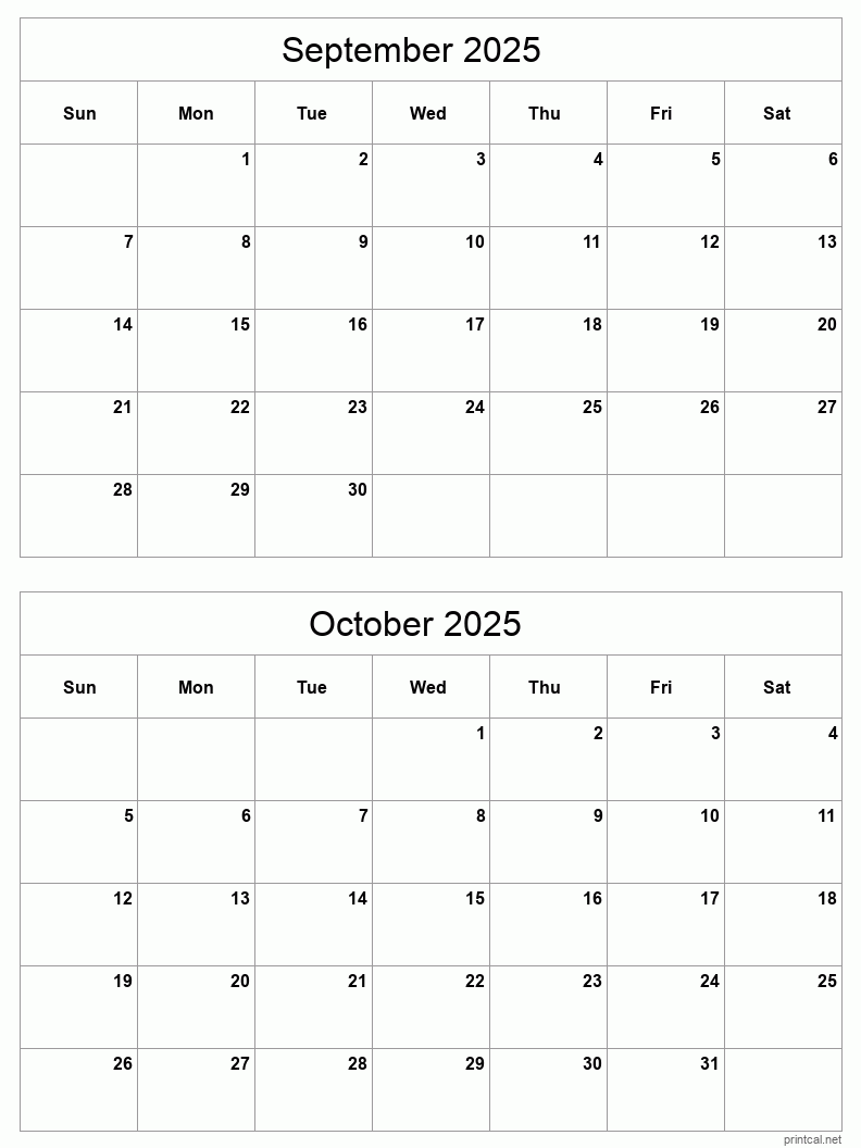 2 month calendar September to October 2025