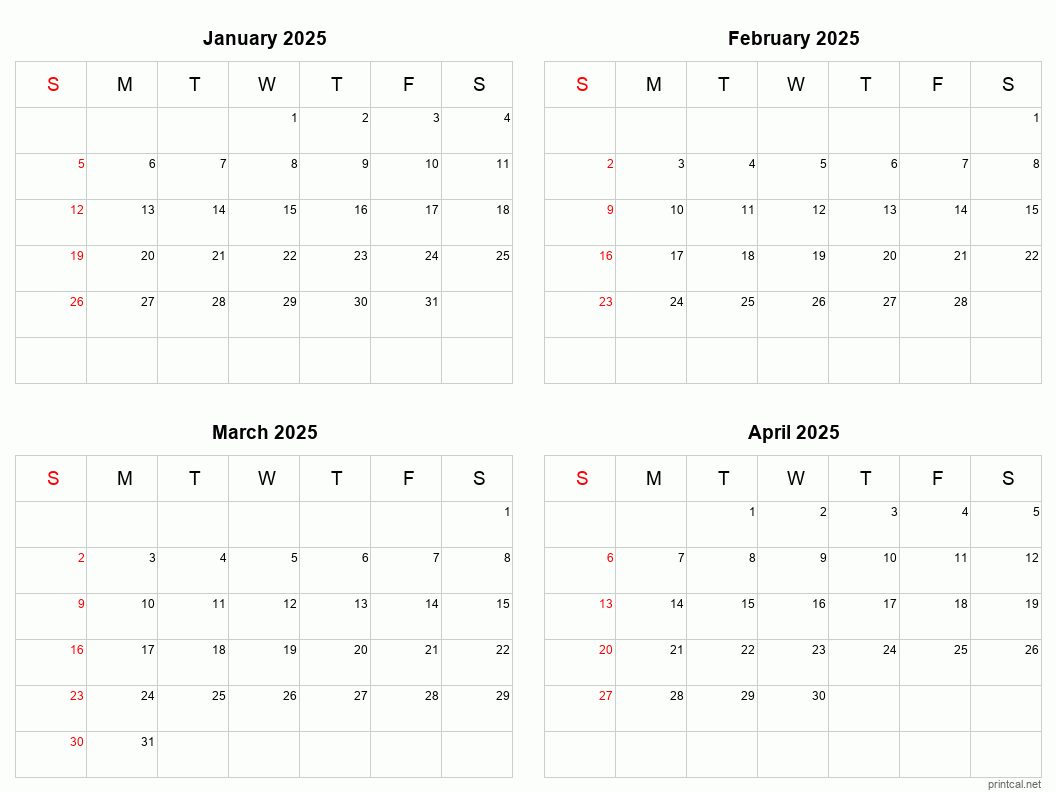 4 month calendar January to April 2025