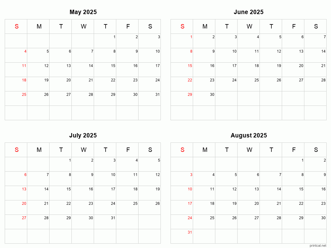 4 month calendar May to August 2025