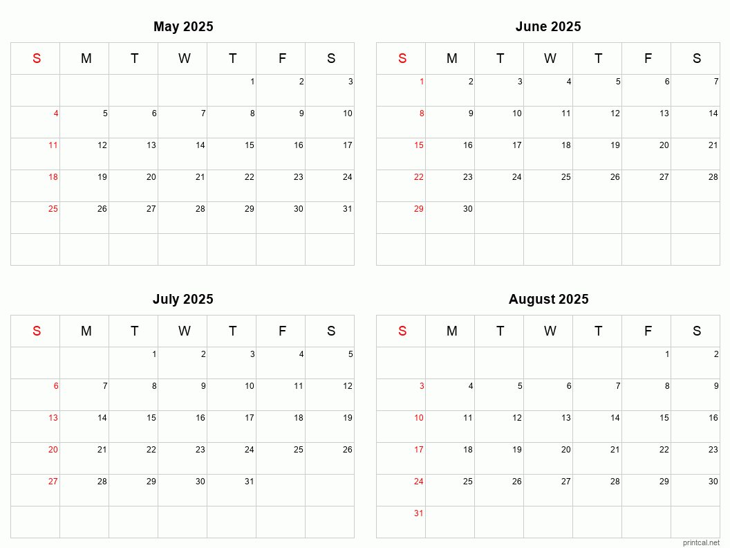 May to August 2025 Printable Calendar Four Months Per Page Printable