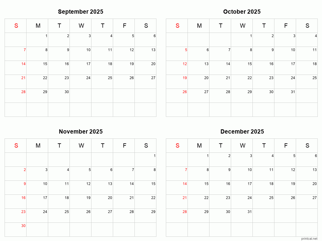4 month calendar September to December 2025