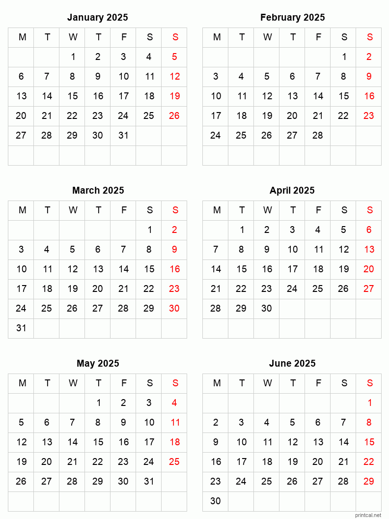 6 month calendar January to June 2025