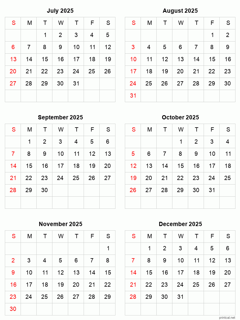 6 month calendar July to December 2025