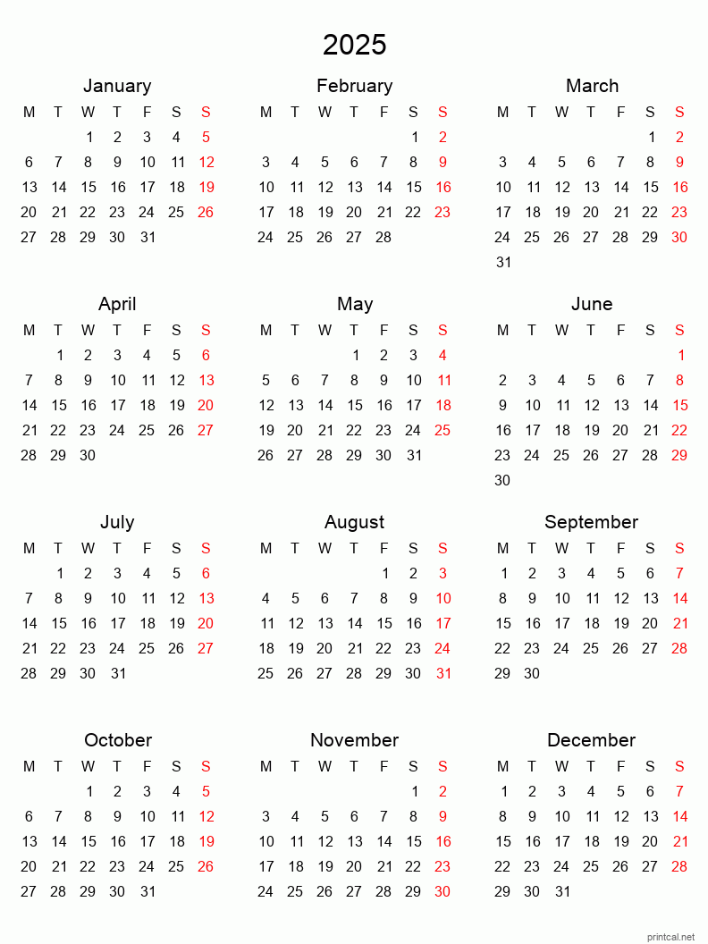 Printable 2025 Yearly Calendar