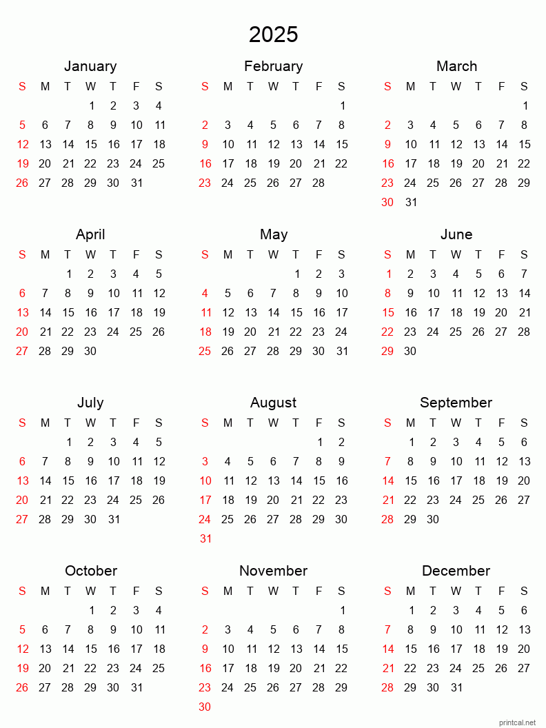 2025 Printable Calendar Yearly Calendar Tabular Style 
