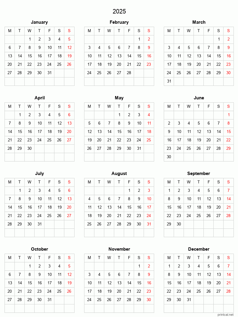 Printable 2025 Full-Year Calendar