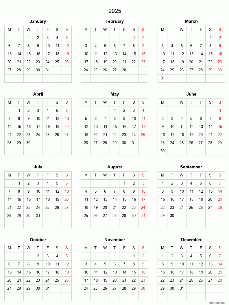 2025 Printable Calendar FullYear Calendar (Grid style)