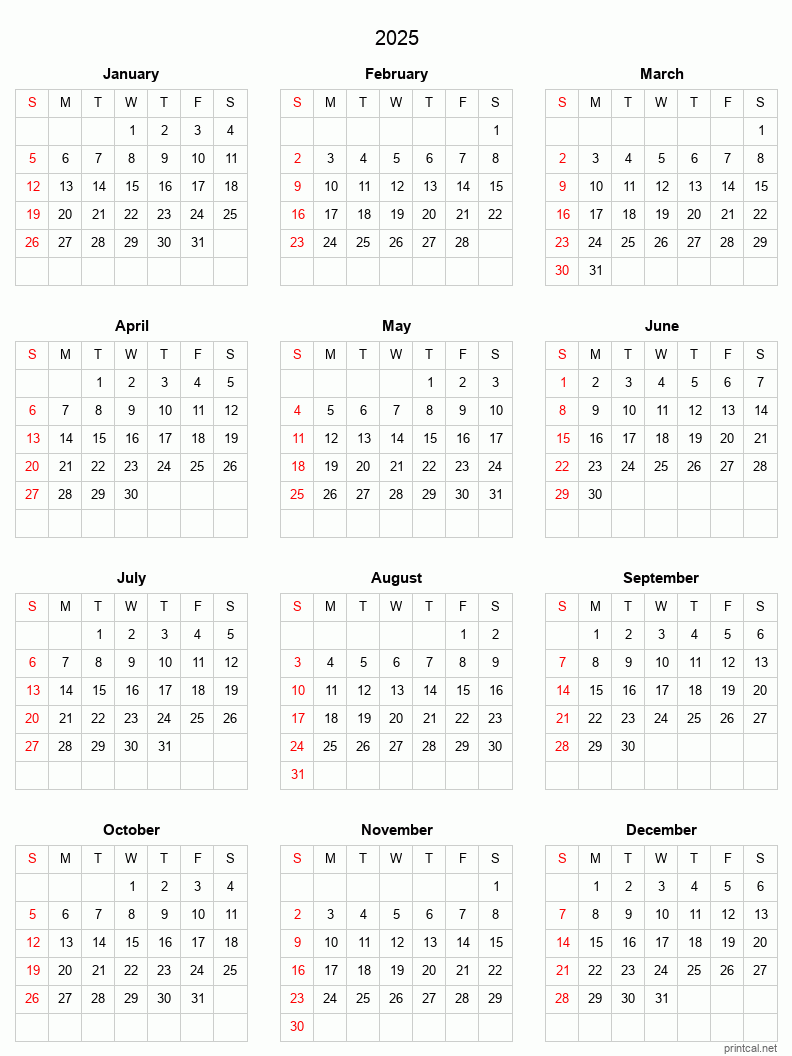 2025 Printable Calendar Full Year Calendar Grid Style 