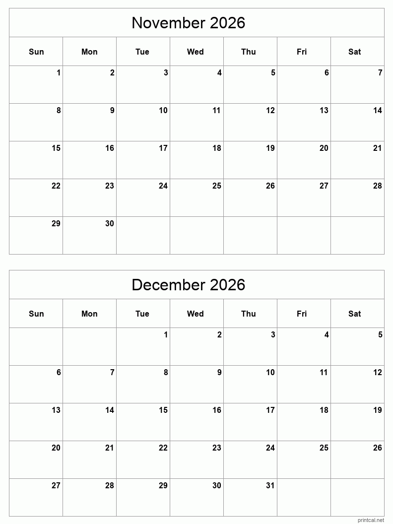 2 month calendar November to December 2026