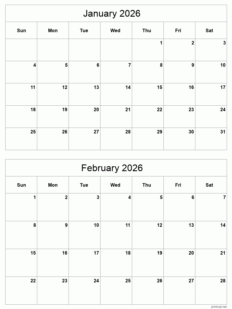 2 month calendar January to February 2026